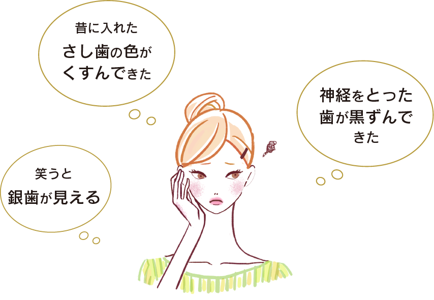 昔に入れたさし歯の色がくすんできた、神経をとった歯が黒ずんできた、笑うと銀歯が見える